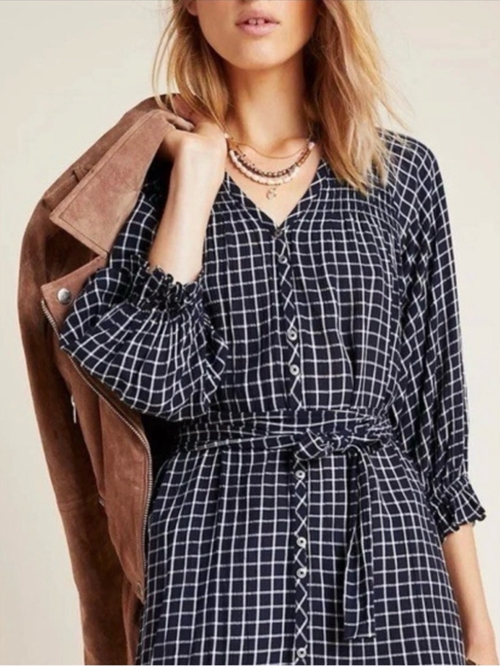 Anthropologie Maeve Sara Smocked Navy Plaid Checkered Shirt Dress Large